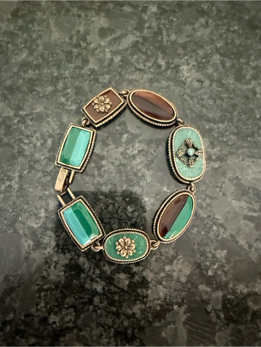 Vintage Brass Green & Brown Glass Link Bracelet Ornate Floral Statement
